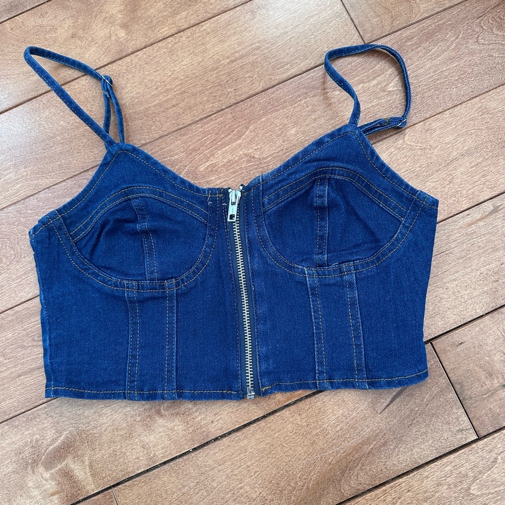 Denim crop top with front zipper